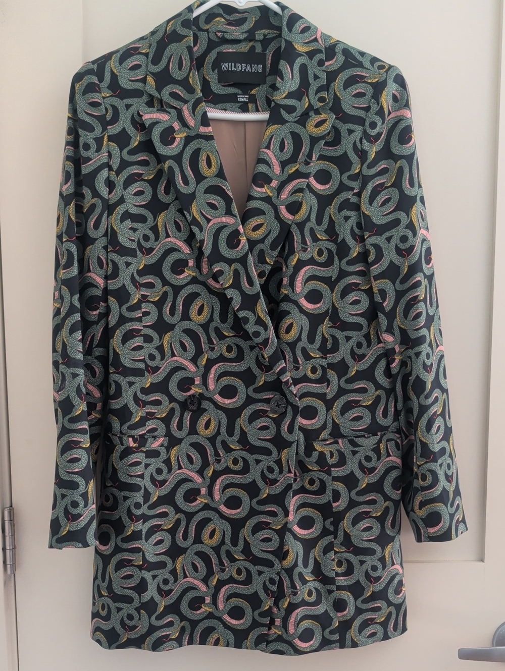 Wildfang Black Double-Breasted Dress Blazer with Pink & Green Pattern